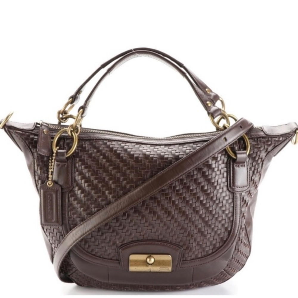 NWOT COACH NY Kristin Brown Leather Woven Round Large Satchel w/ Brass Latch